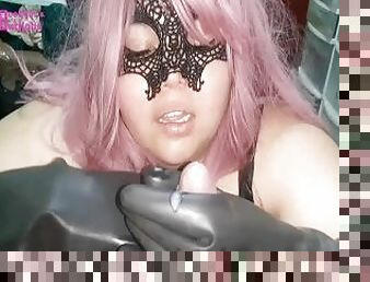 BBW Teen Mistress does blowjob with industrial Rubber gloves until cums!