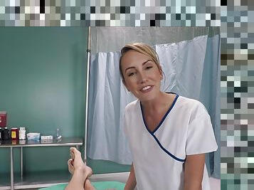 Slender blonde nurse Brett Rossi rides her patient for a cumshot