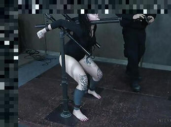 Chubby goth teen Luna Lavey throat and pussy impaled in bondage