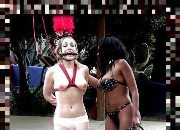 Interracial bondage session of two kinky lesbian senoritas