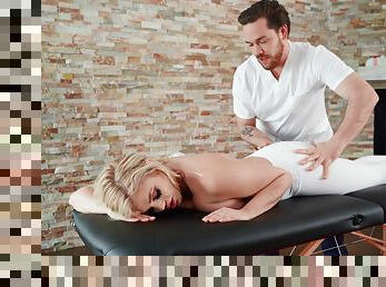 Fine blonde with big tits, insolent nude porn on the massage table