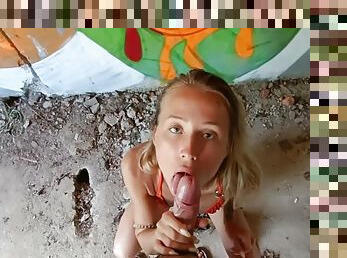 Beautiful blonde fucked a guy in an abandoned building