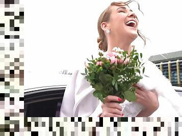 Sexy bride in white dress moans loudly being fucked in the wedding limo