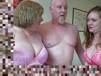 Senior fucks tight mature sluts in home threesome on cam