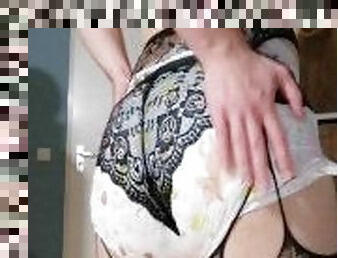 Big cock diaper femboy cums all over his lingerie