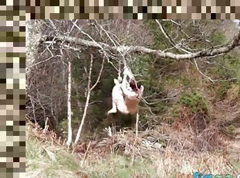 Naked self-bondage in the woods gone wrong