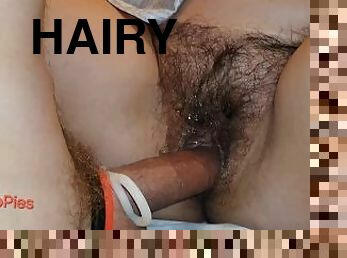 Super hairy mature pussy filled up before work