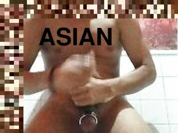 Asian pinoy masturbation using cockring and  scrutom metal stretcher