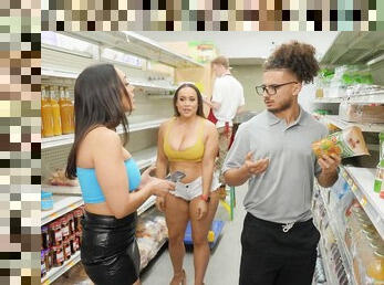 FFM threesome in the supermarket - Carmela Clutch and Lilly Hall