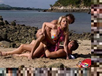 Blonde wife gets laid by the beach with two horny men