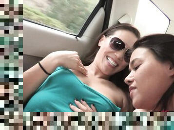 Naughty chicks Dana Vespoli and Kalina Ryu have sex in a car