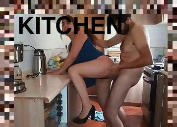 Step-son watches in the kitchen. He catches his step-moms huge ass by surprise with his big cock