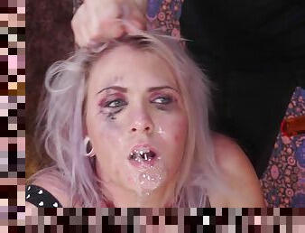 Slobbering sub eats sperm after rough face bang