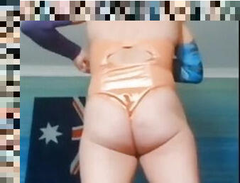 Teasing and caning myself in a retro suit, purple stockings and heels