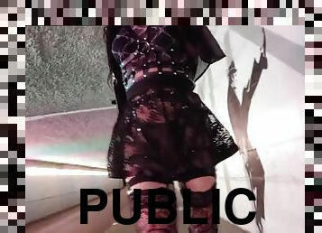 Public night walk, outdoor transparent dress
