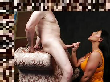 Amateur naked woman, naked man sucks and jerks cock until he cums on her tits