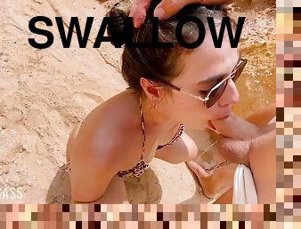Swallowing pee on the public beach and face fucked!! In the end she cums on my face!!