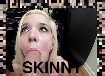 Skinny blonde struggles to throat the big dick until the last drops