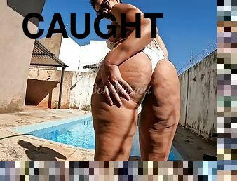 Naughty mom with huge ass taking a shower naked in the backyard caught by neighbor