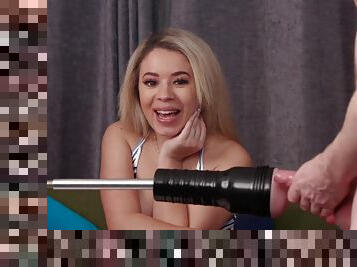 Addictive blonde enjoys watching grandpa using the fleshlight