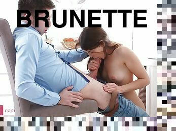 Brunette teen with small breasts and thick thighs is fucked on all fours and sideways