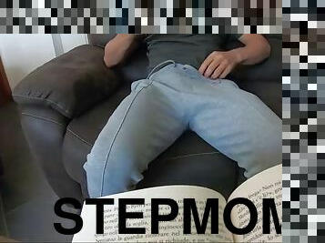 While stepmom reads, cheeky and shameless stepson watches porn pulls out his cock and masturbates, she loving helps him cum
