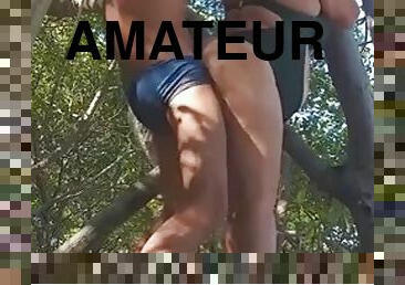 A nervous and risky fuck and cumshot in the woods on the beach after a naughty walk