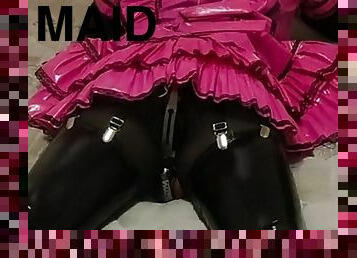 Sissy Maid Chained to Bed in Chastity, Gagged and Leather Bondage Mitts Handcuffed on