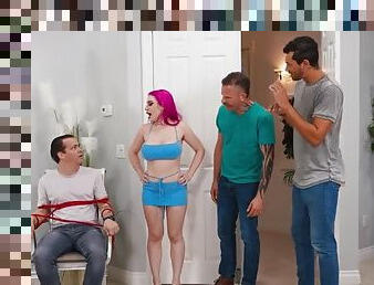 Double Fucking Cucking Interracial Threesome: Alex Jones and Scott Nails, seduced by MILF slut Lily Lou in front of her cuckold hubby in bondage