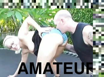 Hot blonde amateur fucked outside on a trampoline