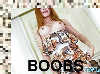 Huge boobs ladyboy shows off ass and masturbates cock