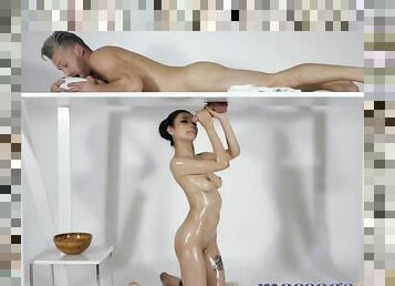 massage rooms rae lil black gives sloppy blowjob on stroking table