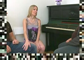 Old piano teacher fucks his teen student together with her boyfriend