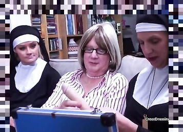 Older crossdressers use dildos on a female