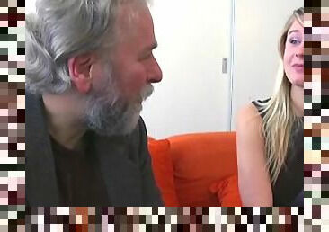 Old man fucks a blonde teen girl while her boyfriend's away - suddenly he comes back!