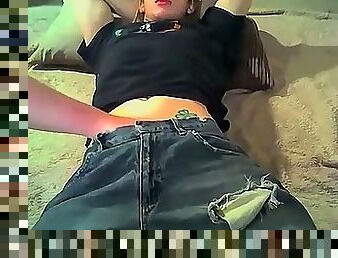 Gay movie of Blonde haired Lukas lays back while a pair of mitts