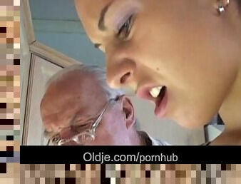 Young brunette licks grandpa all over and fucks him