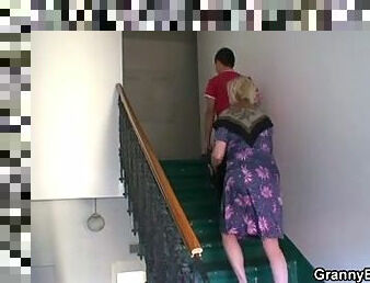 Busty granny is picked up by young stud