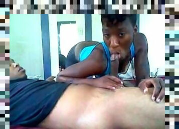 Black stud gets his rod jerked and milked by his athletic girlfriend