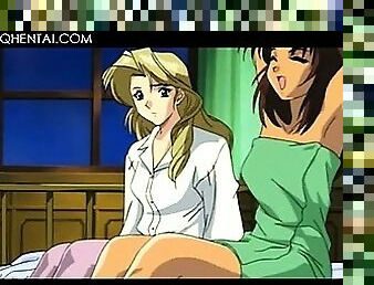 Lesbian busty hentai girlfriends rubbing wet horny pussies