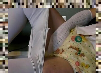 Diapered sissybaby schoolgirl locked in chastity desperate to cum
