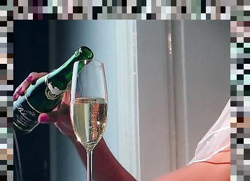 Ebony bride wears her veil while she fucks herself with a bottle