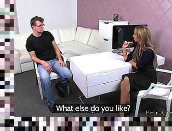 Older dude gets footjob by female agent in her office