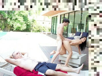 Sex by the pool with the young boy after hubby falls asleep