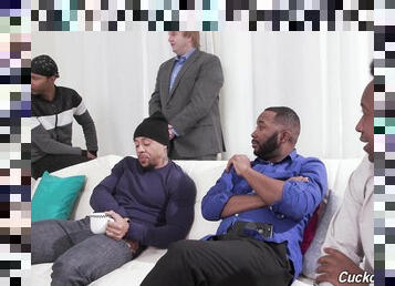 Tight blonde gagged and blacked in proper cuckold gangbang