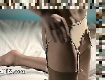 Hungry babe in nylon jerking off strapon