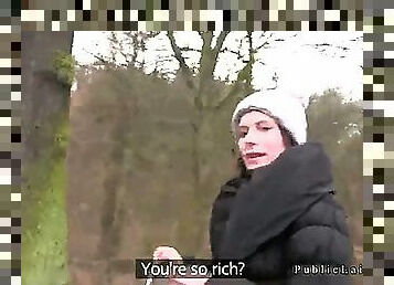Brunette in pantyhose sucks huge dick and fucks in woods