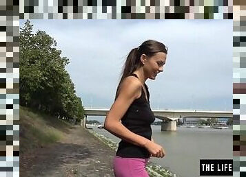Cute jogger almost caught masturbating in a public park