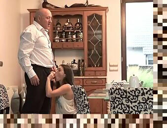 DADDY4K. Aroused babe let BF's handsome dad stretch her all over sofa