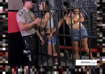 Jessica Jaymes & Gabby Quinteros fucking a cop in a cellblock, big booty